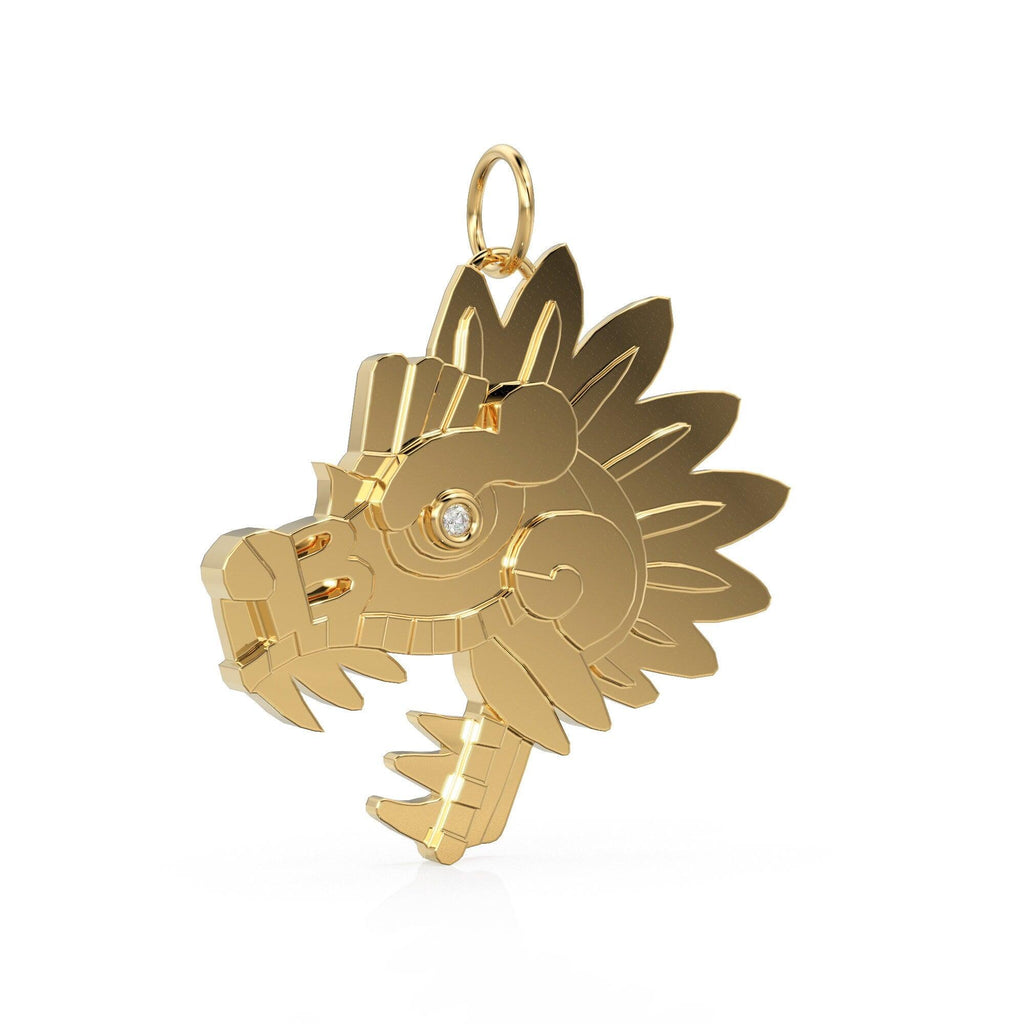 Quetzalcoatl Mayan 14k Gold Charm / 18k Solid Gold Aztec Pendant / Round Cut Diamond Charm / Handmade Solid Gold Charm / Mexican Jewelry - Jalvi & Co.