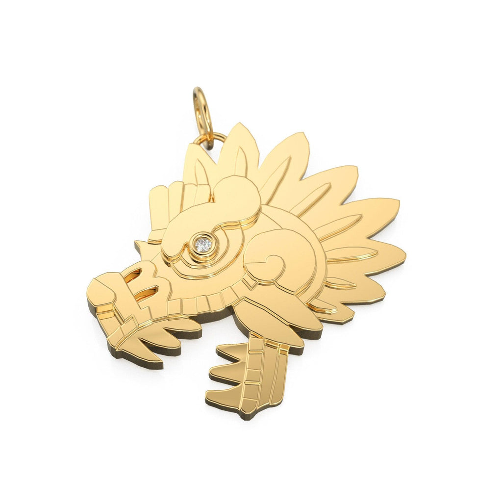 Quetzalcoatl Mayan 14k Gold Charm / 18k Solid Gold Aztec Pendant / Round Cut Diamond Charm / Handmade Solid Gold Charm / Mexican Jewelry - Jalvi & Co.