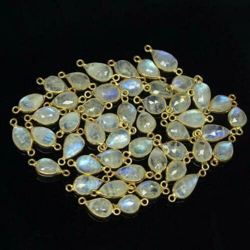 Rainbow Moonstone 925 Sterling Silver Gold Vermeil Bezel Connector 6pc 15mm - Jalvi & Co.