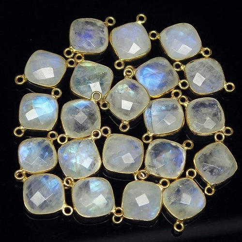 Rainbow Moonstone Cushion 925 Sterling Silver Gold Vermeil Connector 2pc 18mm - Jalvi & Co.