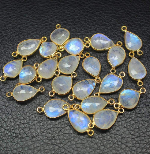 Rainbow Moonstone Faceted Pear 925 Sterling Silver Gold Vermeil Bezel 2pc 19mm - Jalvi & Co.
