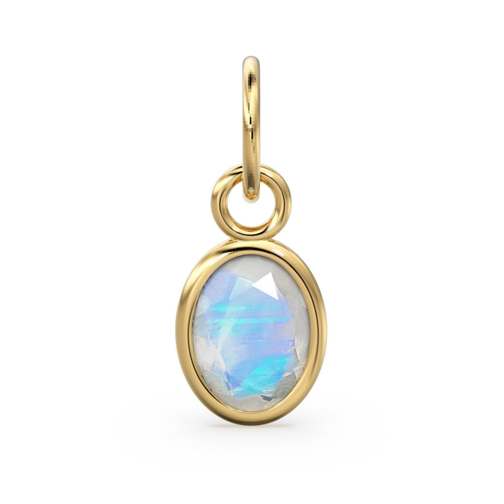 Rainbow Moonstone Oval Solid Gold Charm / Natural Fire Gemstone Handmade Gold Pendant / 1pc 14k Solid Yellow Gold Jewelry Making Findings - Jalvi & Co.