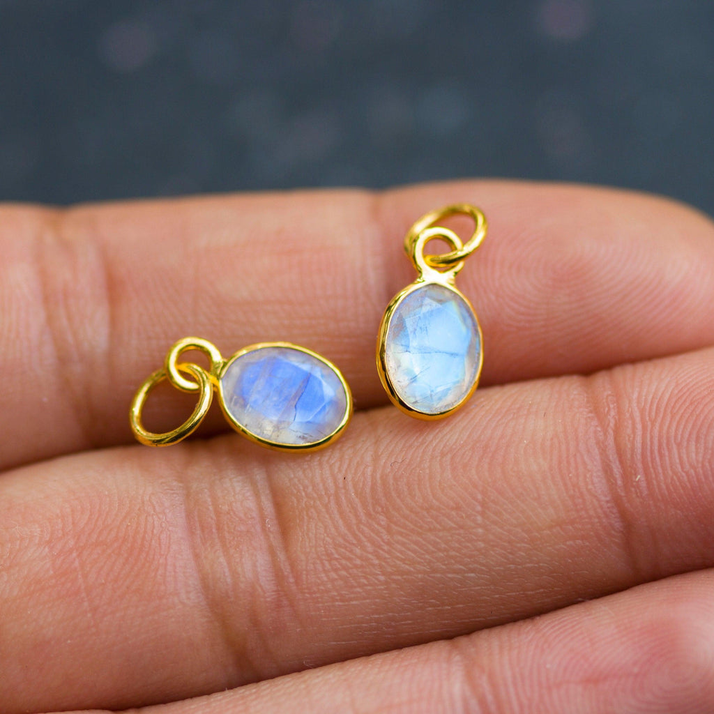 Rainbow Moonstone Oval Solid Gold Charm / Natural Fire Gemstone Handmade Gold Pendant / 1pc 14k Solid Yellow Gold Jewelry Making Findings - Jalvi & Co.