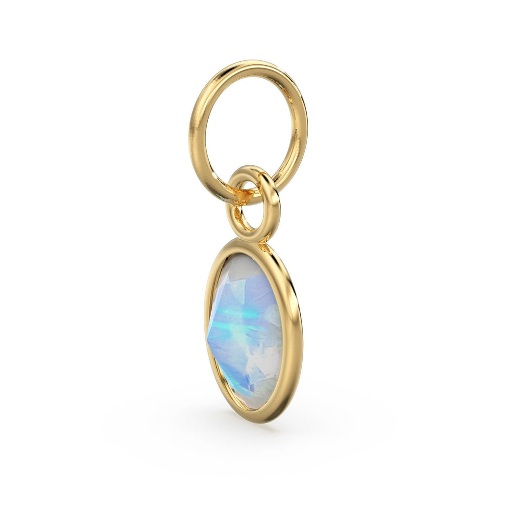 Rainbow Moonstone Oval Solid Gold Charm / Natural Fire Gemstone Handmade Gold Pendant / 1pc 14k Solid Yellow Gold Jewelry Making Findings - Jalvi & Co.