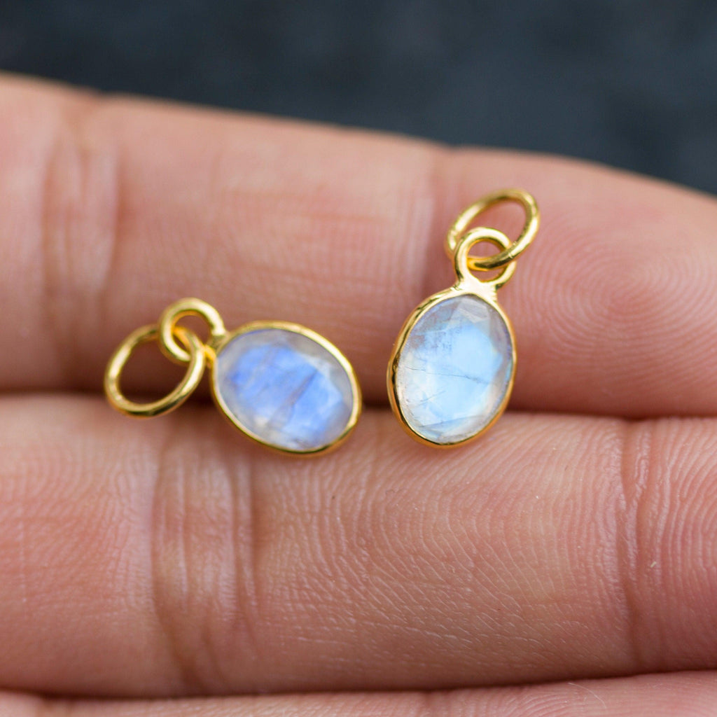 Rainbow Moonstone Oval Solid Gold Charm / Natural Fire Gemstone Handmade Gold Pendant / 1pc 14k Solid Yellow Gold Jewelry Making Findings - Jalvi & Co.