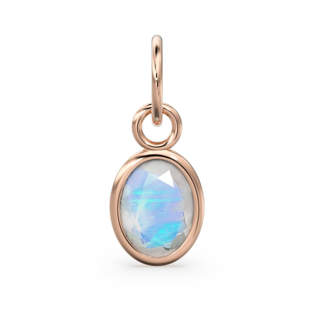 Rainbow Moonstone Oval Solid Gold Charm / Natural Fire Gemstone Handmade Gold Pendant / 1pc 14k Solid Yellow Gold Jewelry Making Findings - Jalvi & Co.