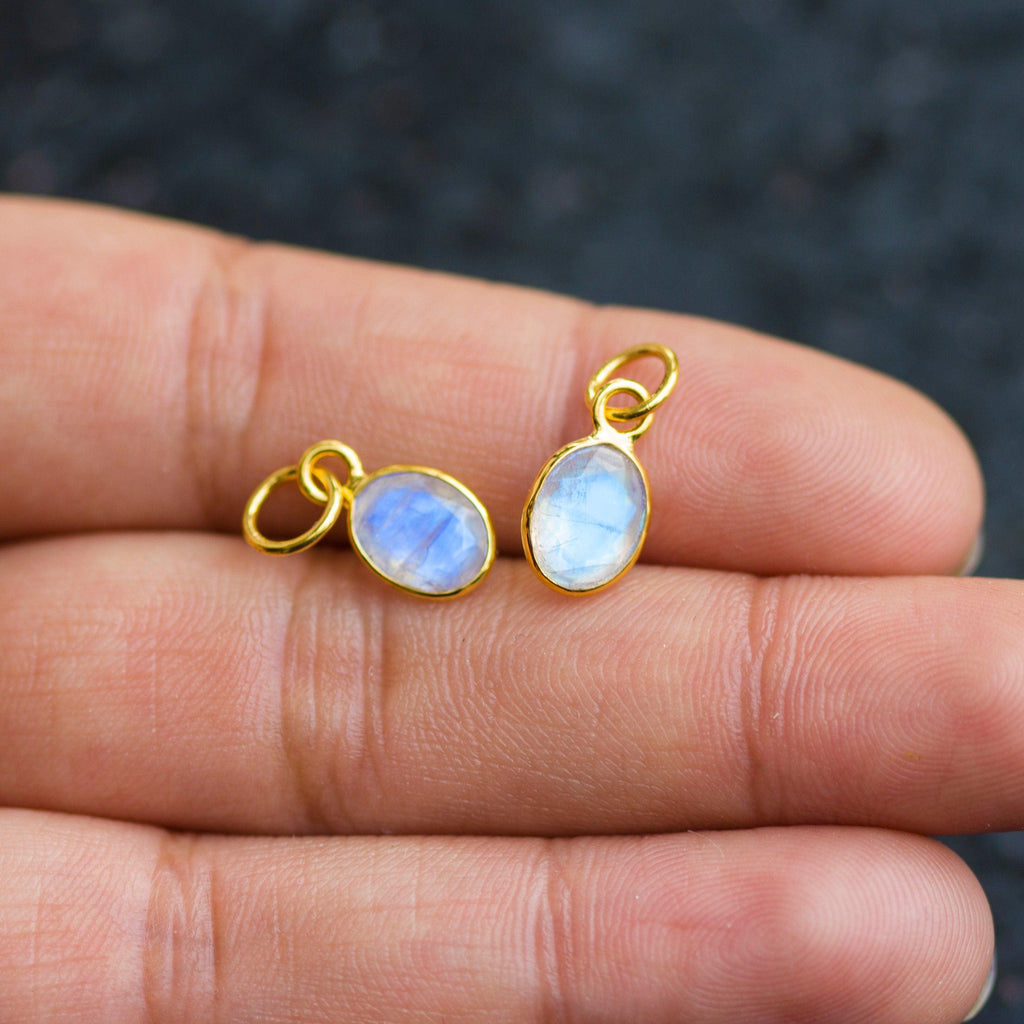 Rainbow Moonstone Oval Solid Gold Charm / Natural Fire Gemstone Handmade Gold Pendant / 1pc 14k Solid Yellow Gold Jewelry Making Findings - Jalvi & Co.