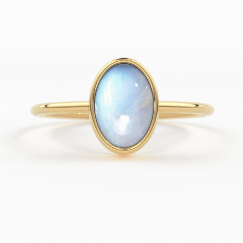 Rainbow Moonstone Ring / Moonstone Engagement Ring 14k Gold / Oval Natural Blue Moonstone Bezel Ring / June Birthstone / Promise Ring - Jalvi & Co.
