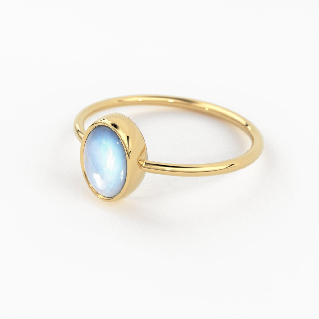 Rainbow Moonstone Ring / Moonstone Engagement Ring 14k Gold / Oval Natural Blue Moonstone Bezel Ring / June Birthstone / Promise Ring - Jalvi & Co.