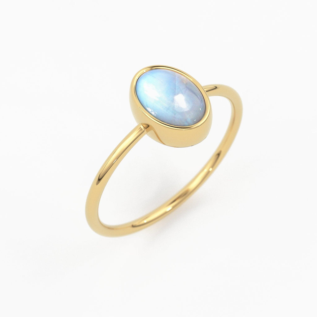 Rainbow Moonstone Ring / Moonstone Engagement Ring 14k Gold / Oval Natural Blue Moonstone Bezel Ring / June Birthstone / Promise Ring - Jalvi & Co.