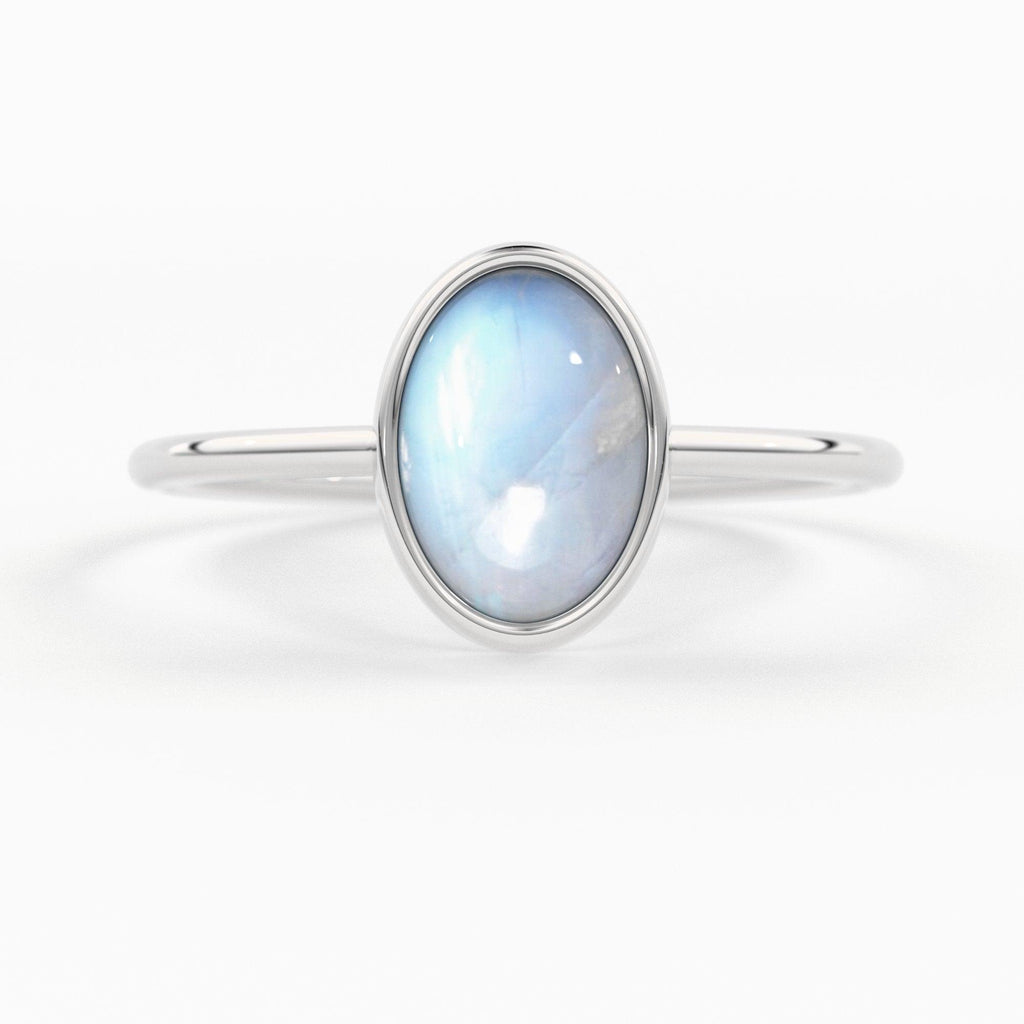 Rainbow Moonstone Ring / Moonstone Engagement Ring 14k Gold / Oval Natural Blue Moonstone Bezel Ring / June Birthstone / Promise Ring - Jalvi & Co.