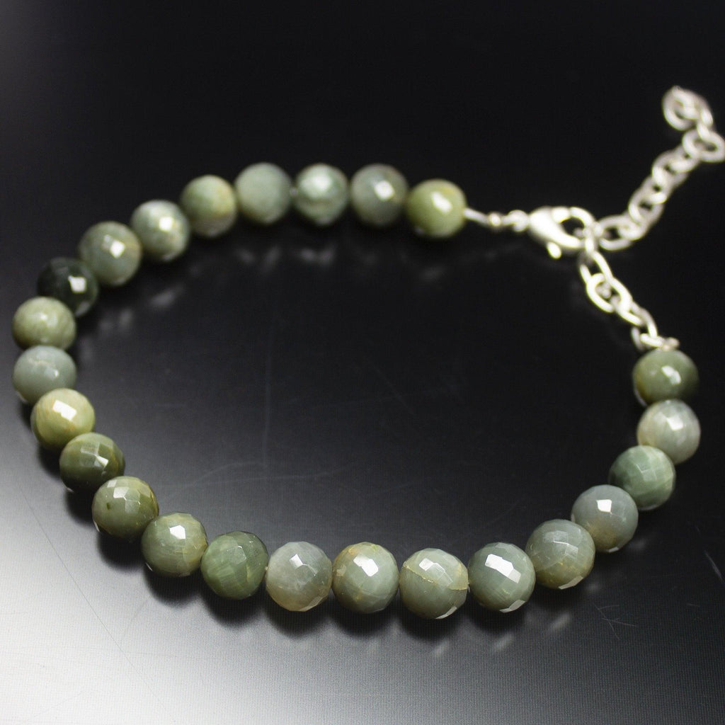 Ready to wear, 11 inch, 8mm, Green Cat's Eye Faceted Round Beaded Bracelet, Cat's Eye Beads - Jalvi & Co.