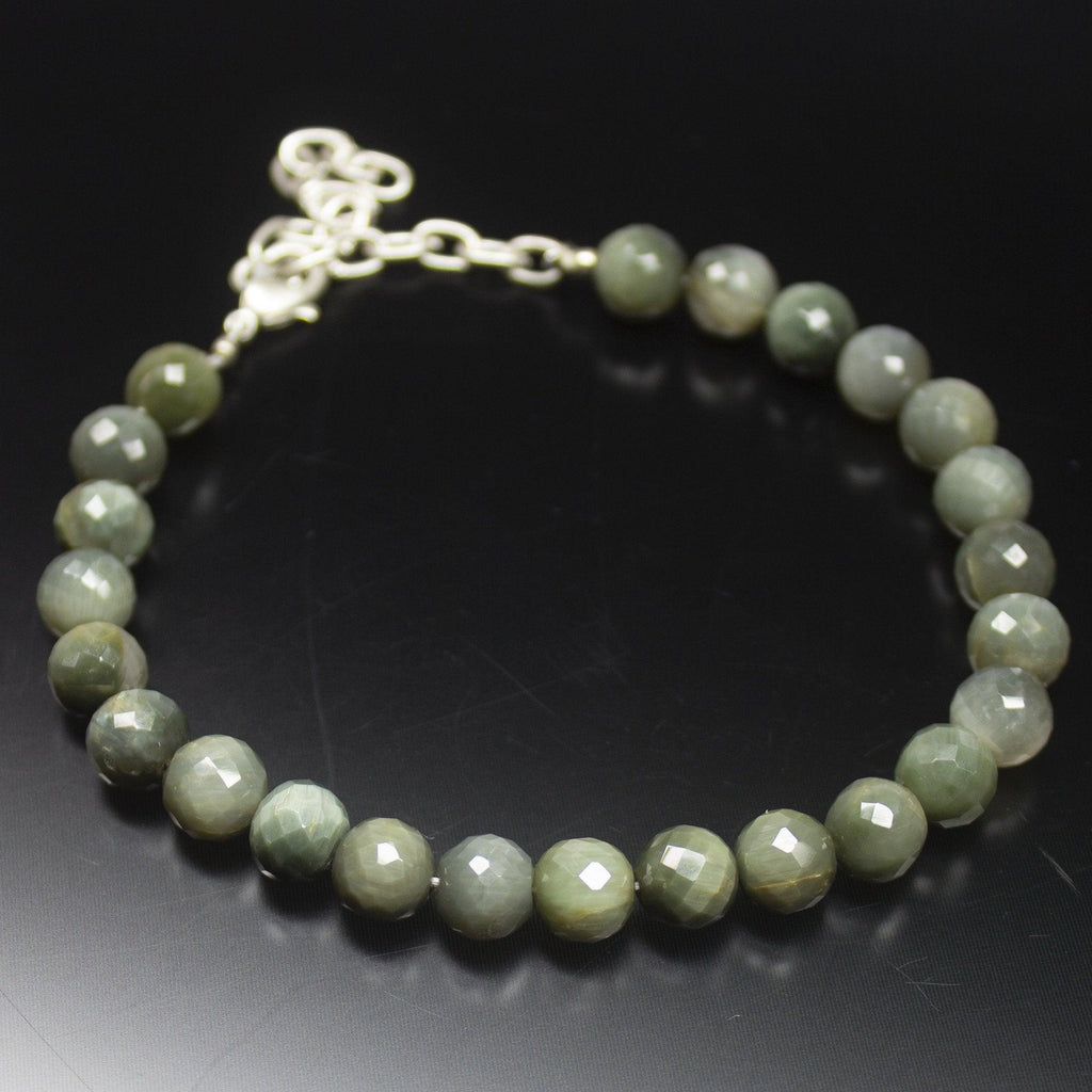 Ready to wear, 11 inch, 8mm, Green Cat's Eye Faceted Round Beaded Bracelet, Cat's Eye Beads - Jalvi & Co.