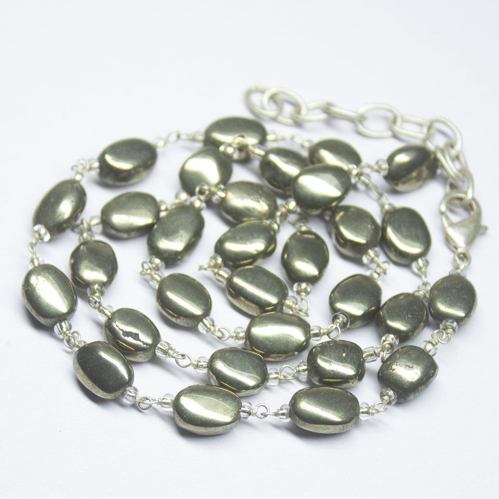 Ready to wear, 20 inch, 8-9mm, Natural Pyrite Smooth Oval Beaded Necklace, Pyrite Beads - Jalvi & Co.