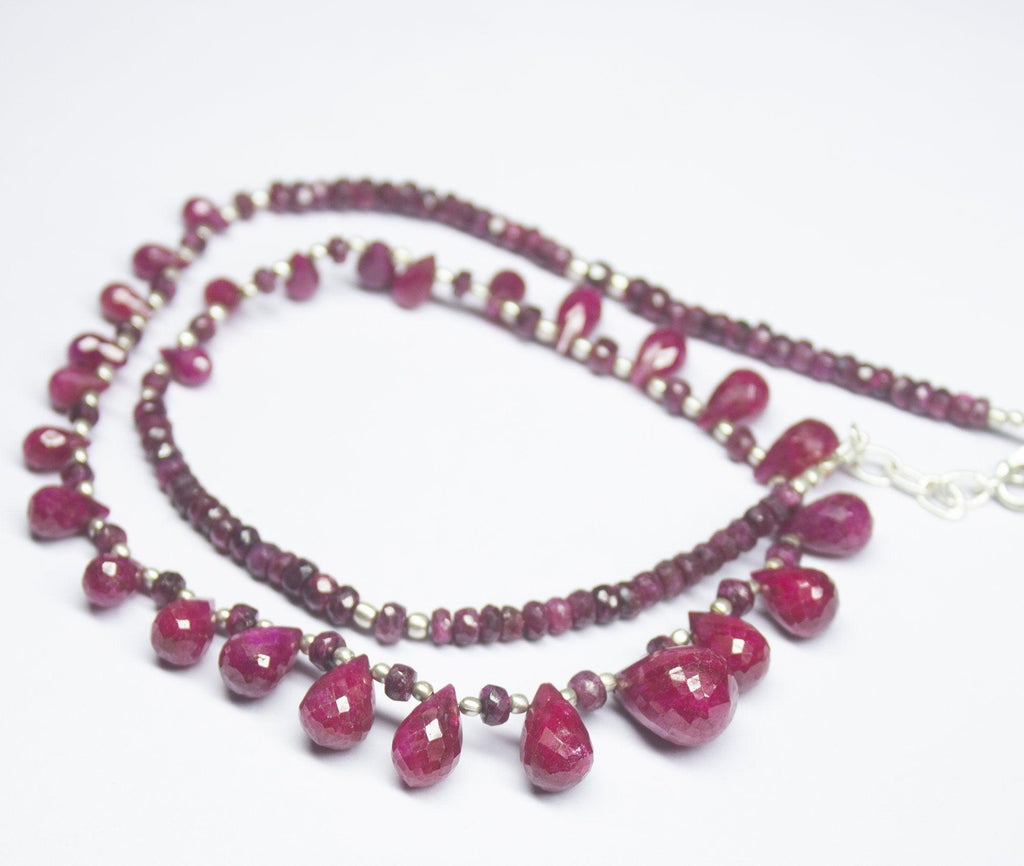 Ready to wear, 21 inch, 4-14mm, Red Ruby Faceted Tear Drop Beaded Necklace, Ruby Beads - Jalvi & Co.