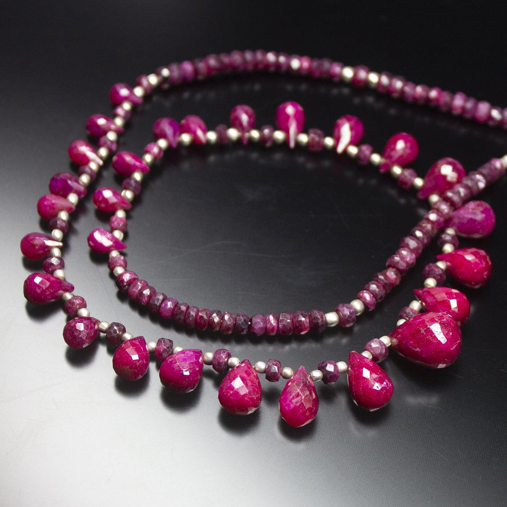 Ready to wear, 21 inch, 4-14mm, Red Ruby Faceted Tear Drop Beaded Necklace, Ruby Beads - Jalvi & Co.