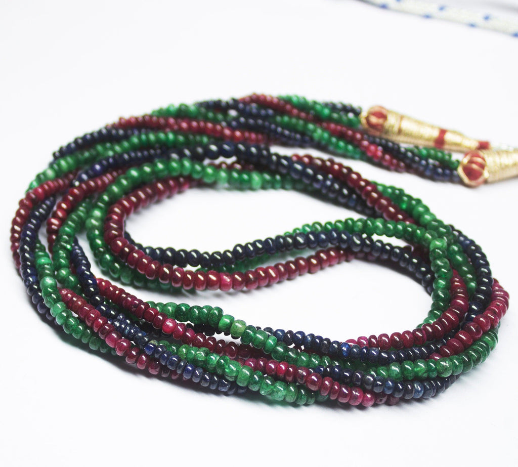 Ready to wear, 23 inch, 2.5-4mm, Multi Color Ruby Emerald Sapphire Smooth Rondelle Beaded Necklace, Ruby Emerald Sapphire Beads - Jalvi & Co.