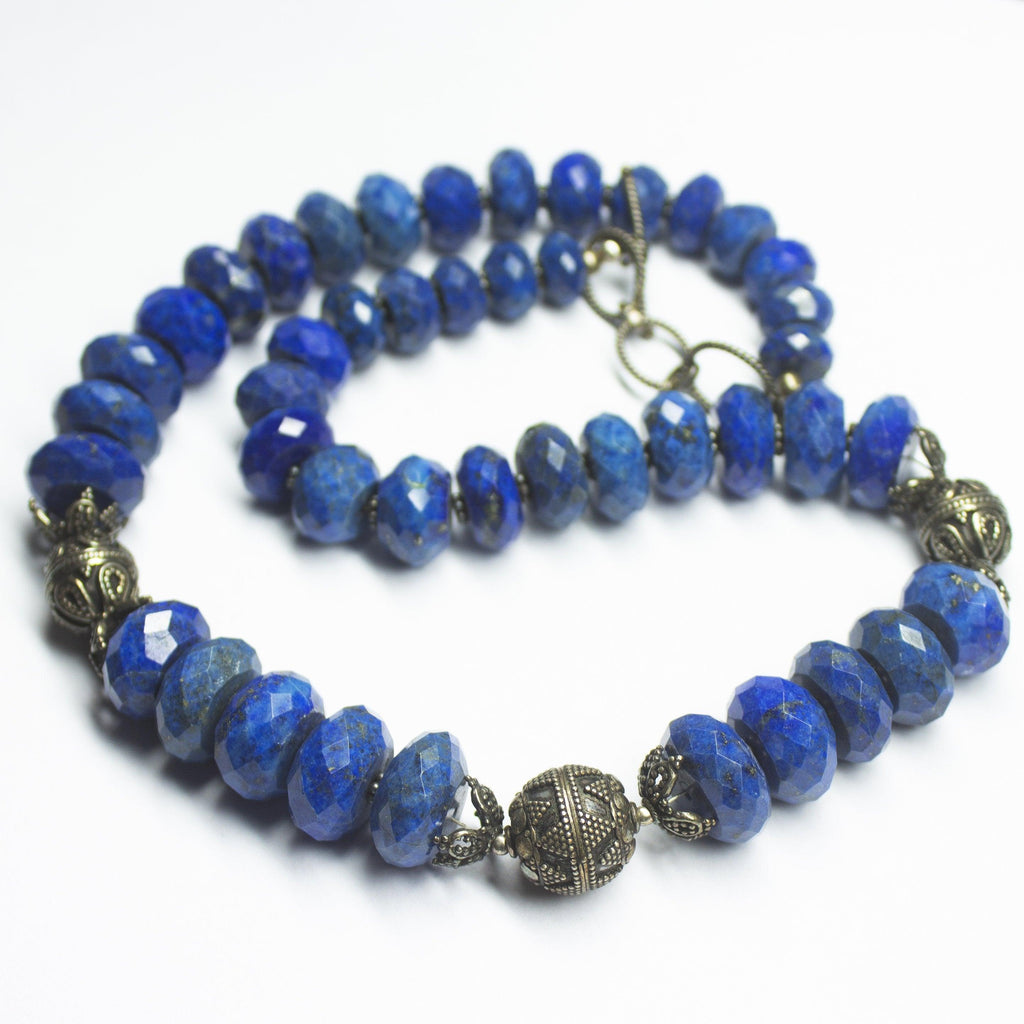 Ready to wear - Lapis Lazuli Faceted Rondelle Oxidised 925 Sterling Silver Beaded Necklace - Jalvi & Co.