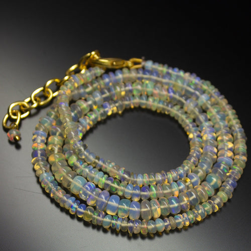 Ready to Wear - Natural Ethiopian Opal Smooth Rondelle Loose Gemstone Beads Sterling Silver Gold vermeil Necklace 20 inches, 3-5mm - Jalvi & Co.