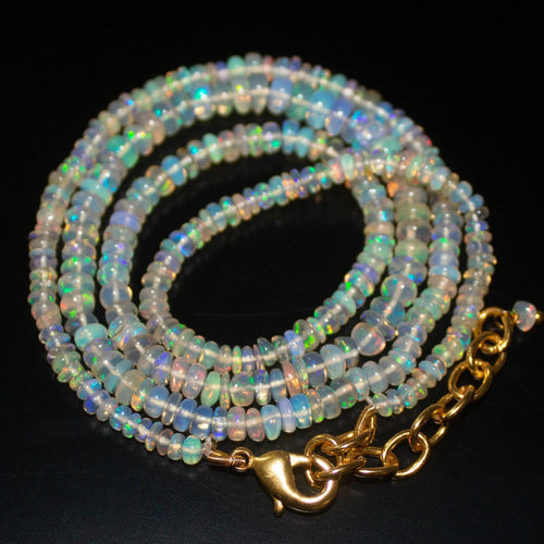 Ready to Wear - Natural Ethiopian Opal Smooth Rondelle Loose Gemstone Beads Sterling Silver Vermeil Necklace 20 inches, 3-5mm - Jalvi & Co.