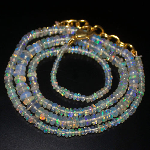 Ready to Wear - Natural Ethiopian Opal Smooth Rondelle Loose Gemstone Beads Sterling Silver Vermeil Necklace 20 inches, 3-5mm - Jalvi & Co.