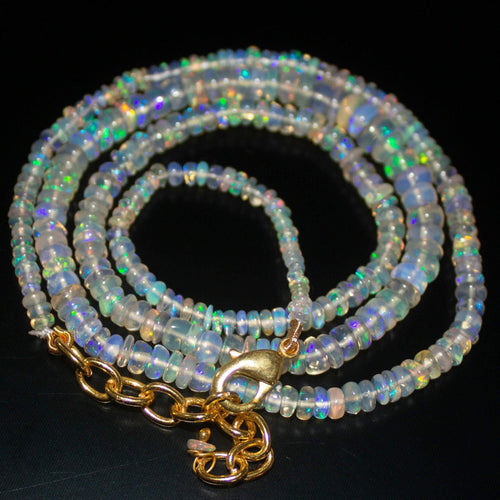 Ready to Wear - Natural Ethiopian Opal Smooth Rondelle Loose Gemstone Beads Sterling Silver Vermeil Necklace 20 inches, 3-5mm - Jalvi & Co.