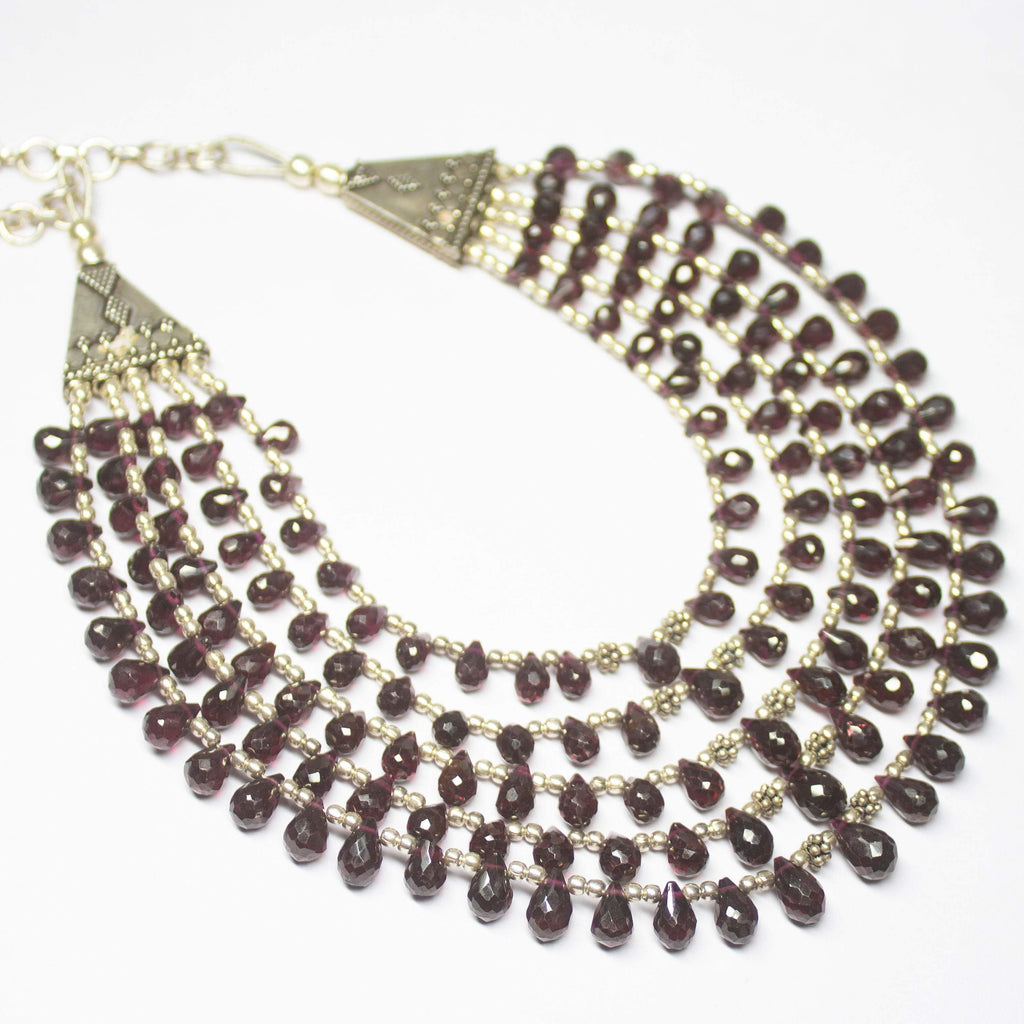 Ready to wear, Natural Rhodolite Garnet Faceted Teardrop Gemstone Beaded Choker Necklace Earrings Set - Jalvi & Co.