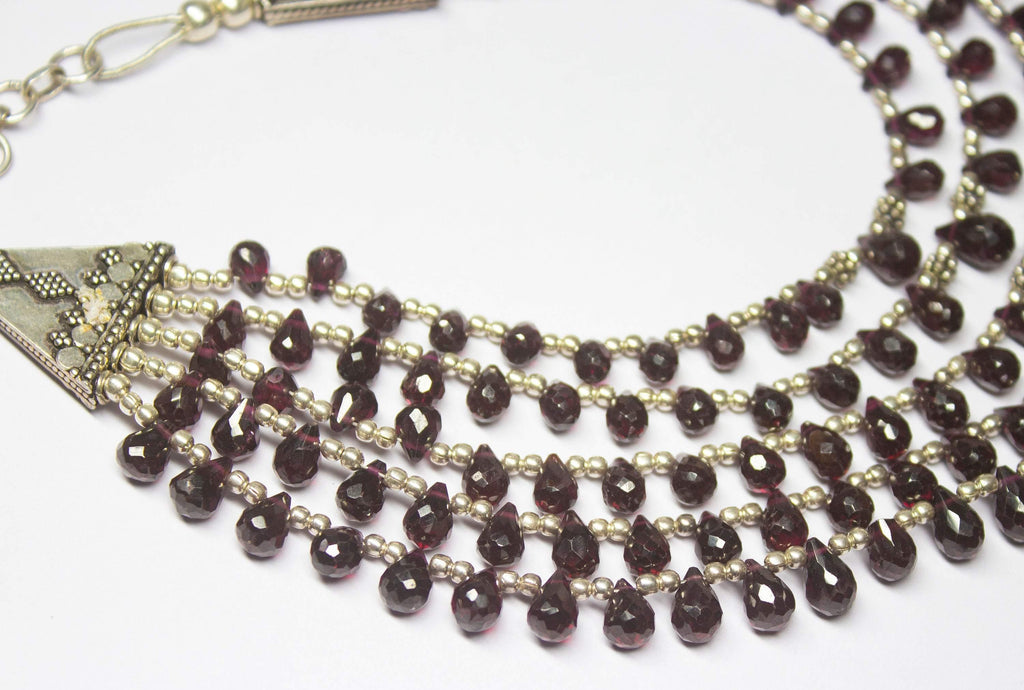 Ready to wear, Natural Rhodolite Garnet Faceted Teardrop Gemstone Beaded Choker Necklace Earrings Set - Jalvi & Co.