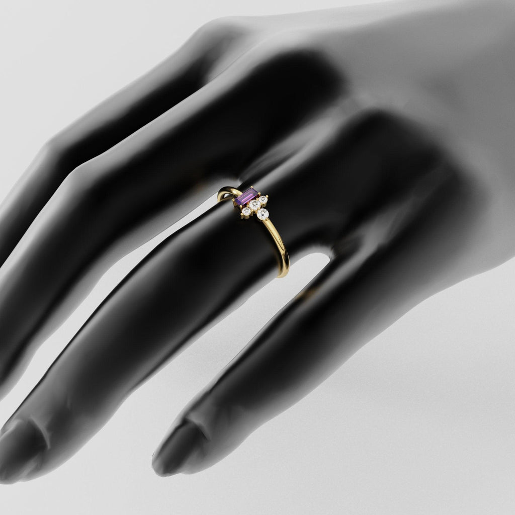 Rose Gold Genuine Amethyst and Diamond Ring / 14k Rose Gold Ring / Baguette Cut Amethyst Ring / February Birthstone / Purple Amethyst Ring - Jalvi & Co.