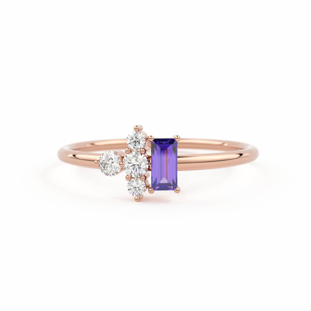 Rose Gold Genuine Amethyst and Diamond Ring / 14k Rose Gold Ring / Baguette Cut Amethyst Ring / February Birthstone / Purple Amethyst Ring - Jalvi & Co.