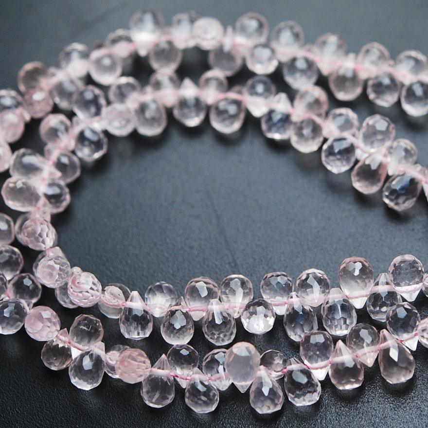 Rose Quartz Faceted Teardrop Briolette Gemstone Loose Beads Strand 6mm 7mm 90pc - Jalvi & Co.