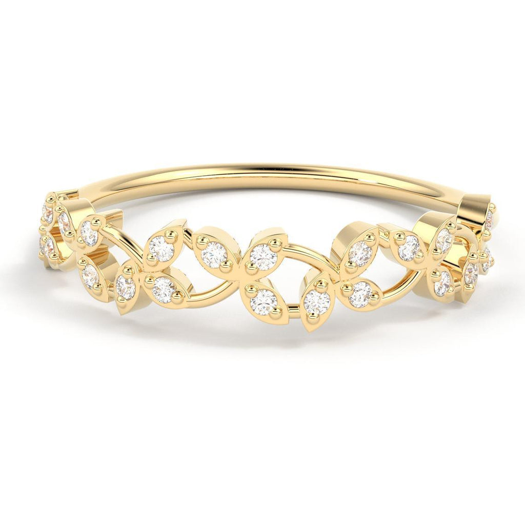Round Diamond Band in 14k Gold / Leaf Diamond Ring / Gold Band White Diamond Ring / Round Diamond Wedding Band - Jalvi & Co.