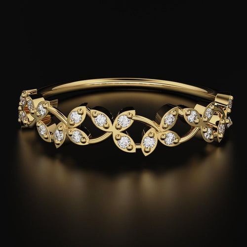 Round Diamond Band in 14k Gold / Leaf Diamond Ring / Gold Band White Diamond Ring / Round Diamond Wedding Band - Jalvi & Co.