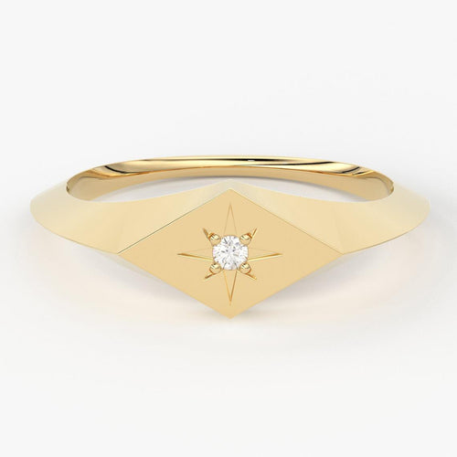 Round Diamond Band in 14k Gold / Star Signet Diamond Ring / Gold Band White Diamond Ring / Signet Diamond Wedding Band - Jalvi & Co.