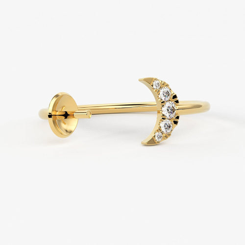 Round Diamond Band in 14k Solid Gold / Moon Satellite Gold Diamond Ring / Gold Band White Diamond Ring / Brilliant Diamond Wedding Band - Jalvi & Co.