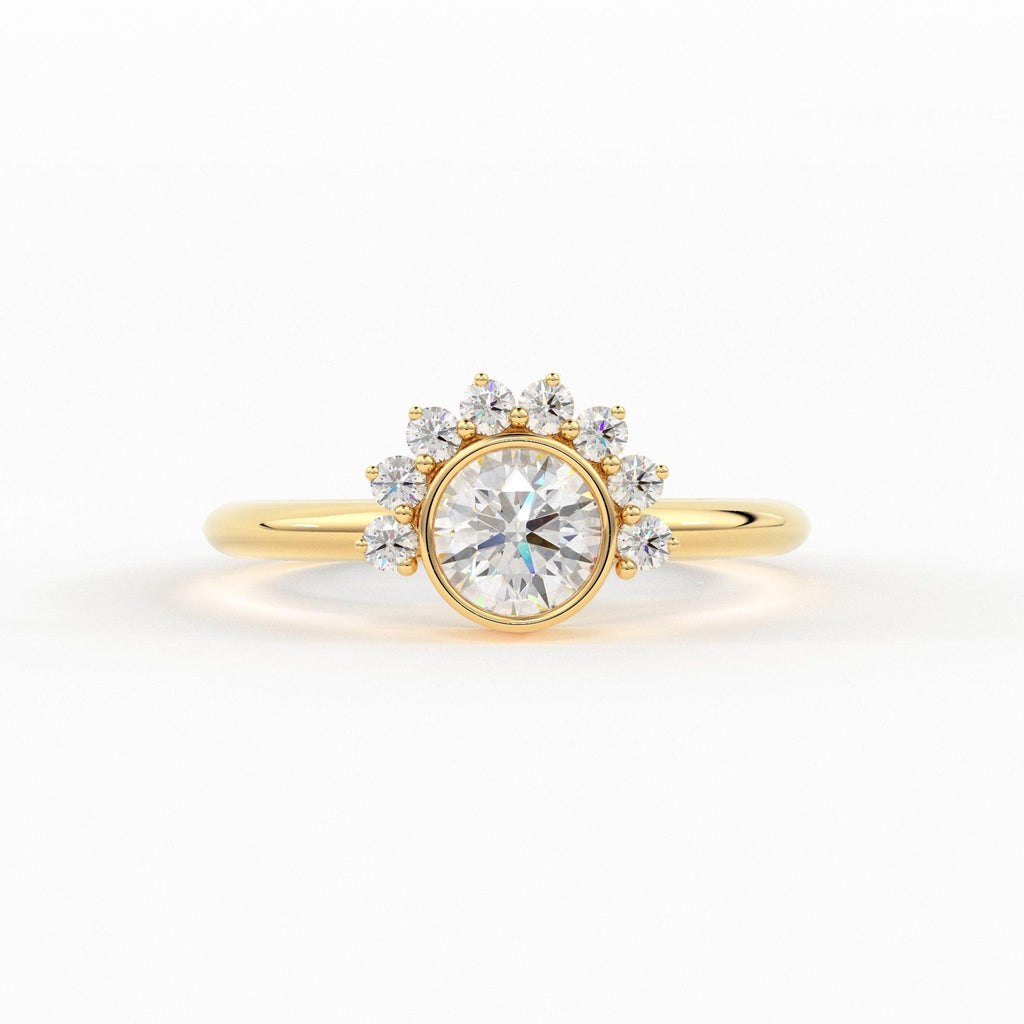 Round Diamond Ring with Half Halo Diamonds / Diamond Engagement Ring / Handmade Cluster Diamond Ring / Halo Sun 18k Solid Gold Ring/ Wedding - Jalvi & Co.