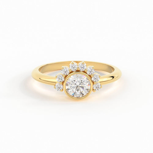 Round Diamond Ring with Half Halo Diamonds / Diamond Engagement Ring / Handmade Cluster Diamond Ring / Halo Sun 18k Solid Gold Ring/ Wedding - Jalvi & Co.
