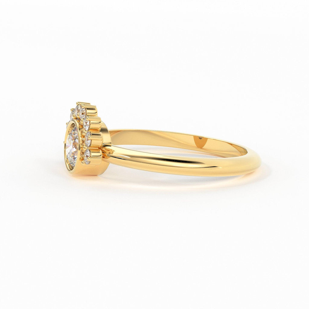 Round Diamond Ring with Half Halo Diamonds / Diamond Engagement Ring / Handmade Cluster Diamond Ring / Halo Sun 18k Solid Gold Ring/ Wedding - Jalvi & Co.