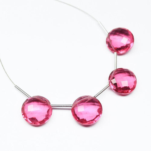 Rubellite Pink Quartz Checker Cut Round Coin Top Side Drill Beads 6pc 12mm - Jalvi & Co.