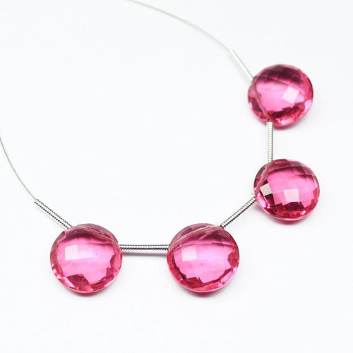 Rubellite Pink Quartz Checker Cut Round Coin Top Side Drill Beads 6pc 12mm - Jalvi & Co.