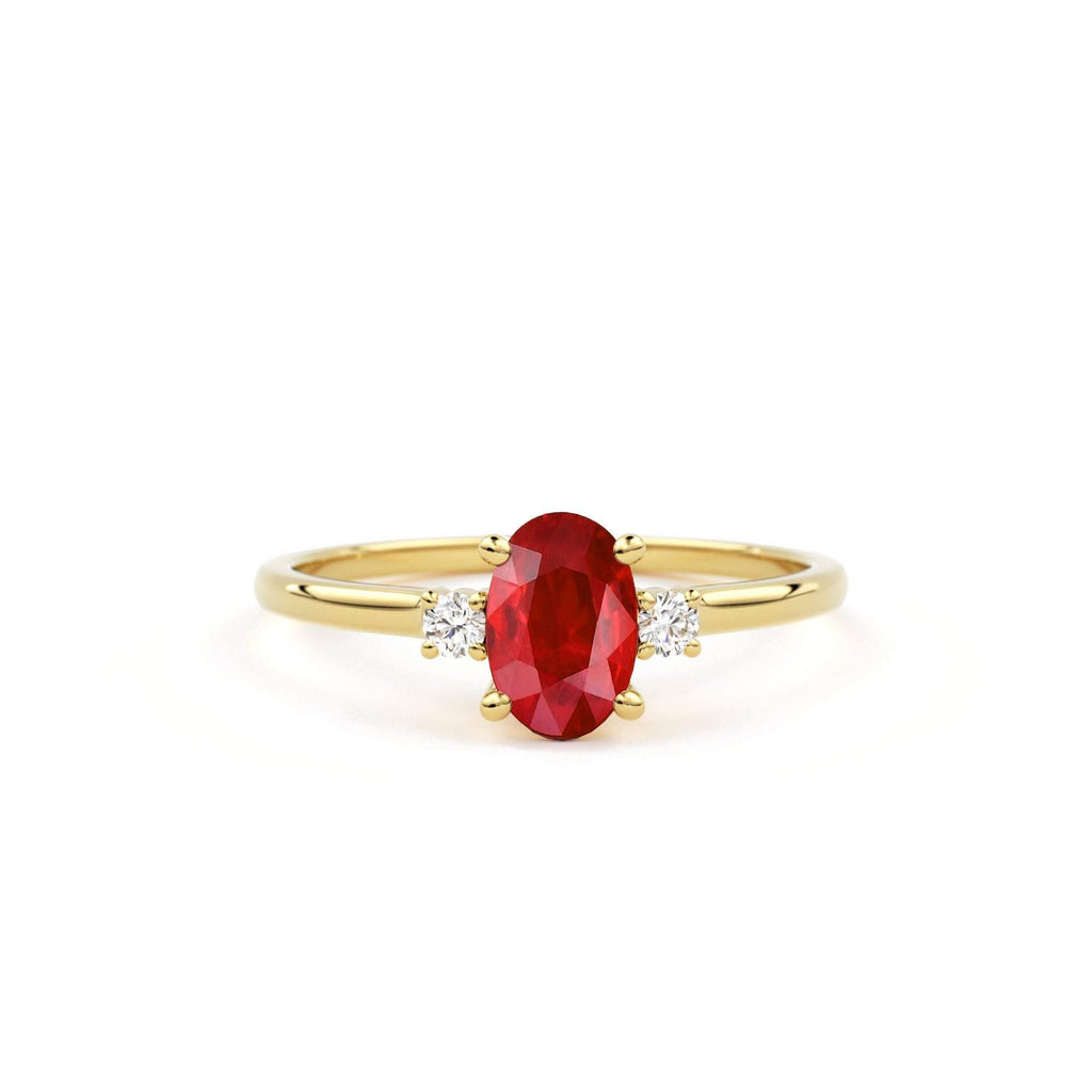 Ruby Ring / Ruby Engagement Ring in 14k Gold / Oval Cut Natural 3 Stone Ruby Diamond Ring / July Birthstone / Promise Ring - Jalvi & Co.