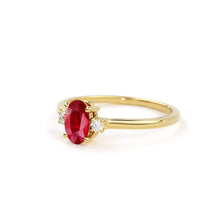 Load image into Gallery viewer, Ruby Ring / Ruby Engagement Ring in 14k Gold / Oval Cut Natural 3 Stone Ruby Diamond Ring / July Birthstone / Promise Ring - Jalvi &amp; Co.