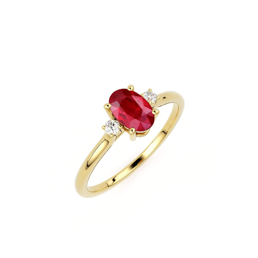 Ruby Ring / Ruby Engagement Ring in 14k Gold / Oval Cut Natural 3 Stone Ruby Diamond Ring / July Birthstone / Promise Ring - Jalvi & Co.