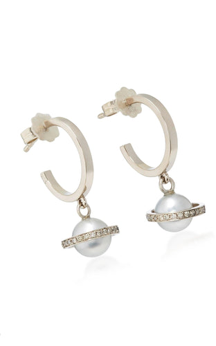 Saturn Diamond And Pearl Hoops 18k Solid White Gold Earrings - Jalvi & Co.