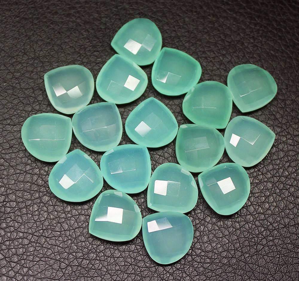 Seafoam Green Chalcedony Faceted Heart Drops Briolette Loose Beads 5pc 14mm - Jalvi & Co.