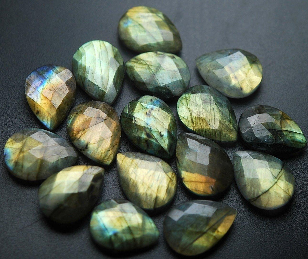 Side Drilled, 8 Inch, 13 Beads,Super Finest Gold Flash Labradorite Faceted Pear Shape Briolettes Size 16-18mm Aprx - Jalvi & Co.