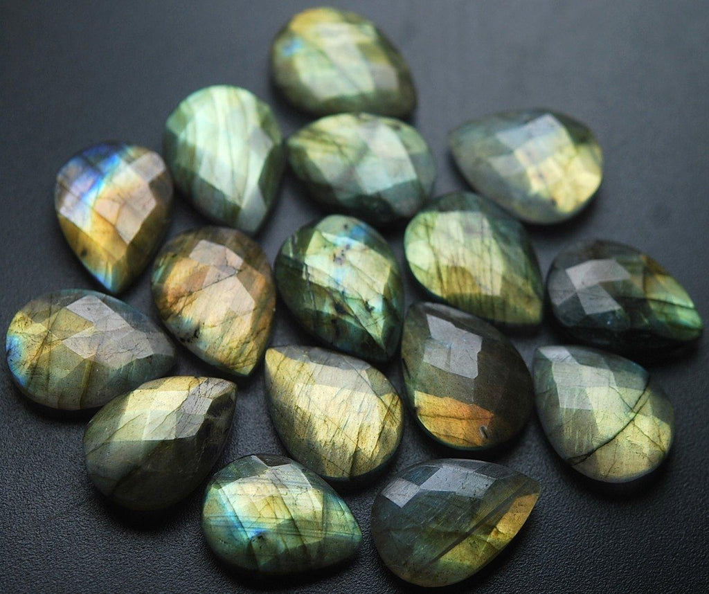 Side Drilled, 8 Inch, 13 Beads,Super Finest Gold Flash Labradorite Faceted Pear Shape Briolettes Size 16-18mm Aprx - Jalvi & Co.