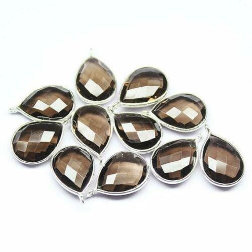 Smoky Quartz Faceted Pear Sterling Silver Bezel Rim Charm Pendant Pair 2pc 20mm - Jalvi & Co.