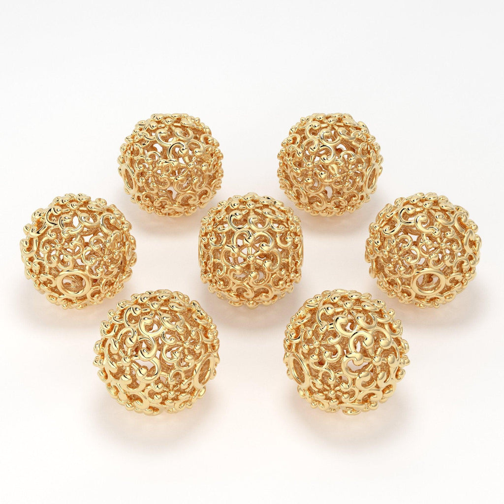 Solid Gold Handmade Designer Round Floral Mesh Spacer Bead Finding 6mm 8mm 10mm - Jalvi & Co.