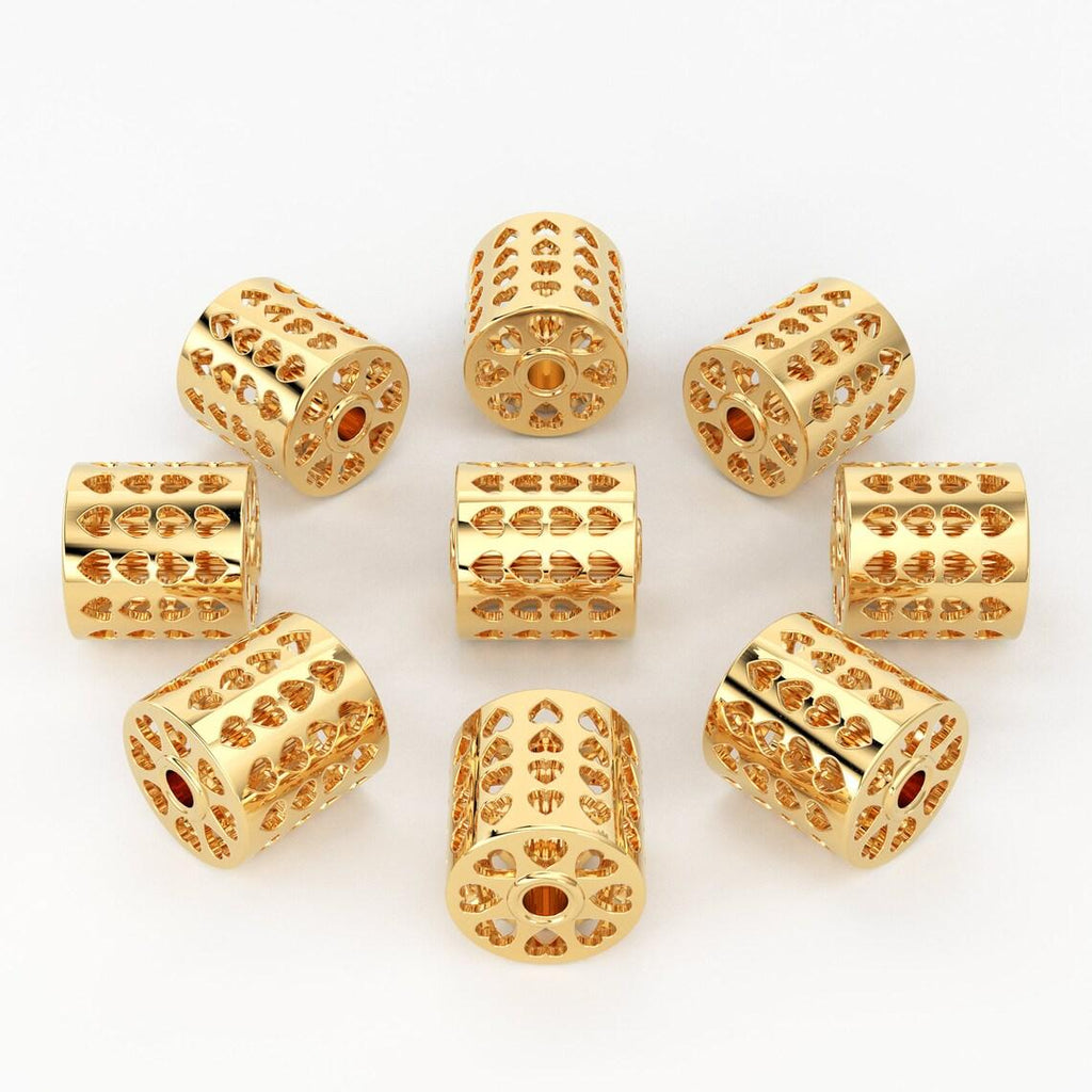 Solid Gold Handmade Heart Cutout Round Tube Barrel Spacer Gold Bead Finding 6.45mm - Jalvi & Co.